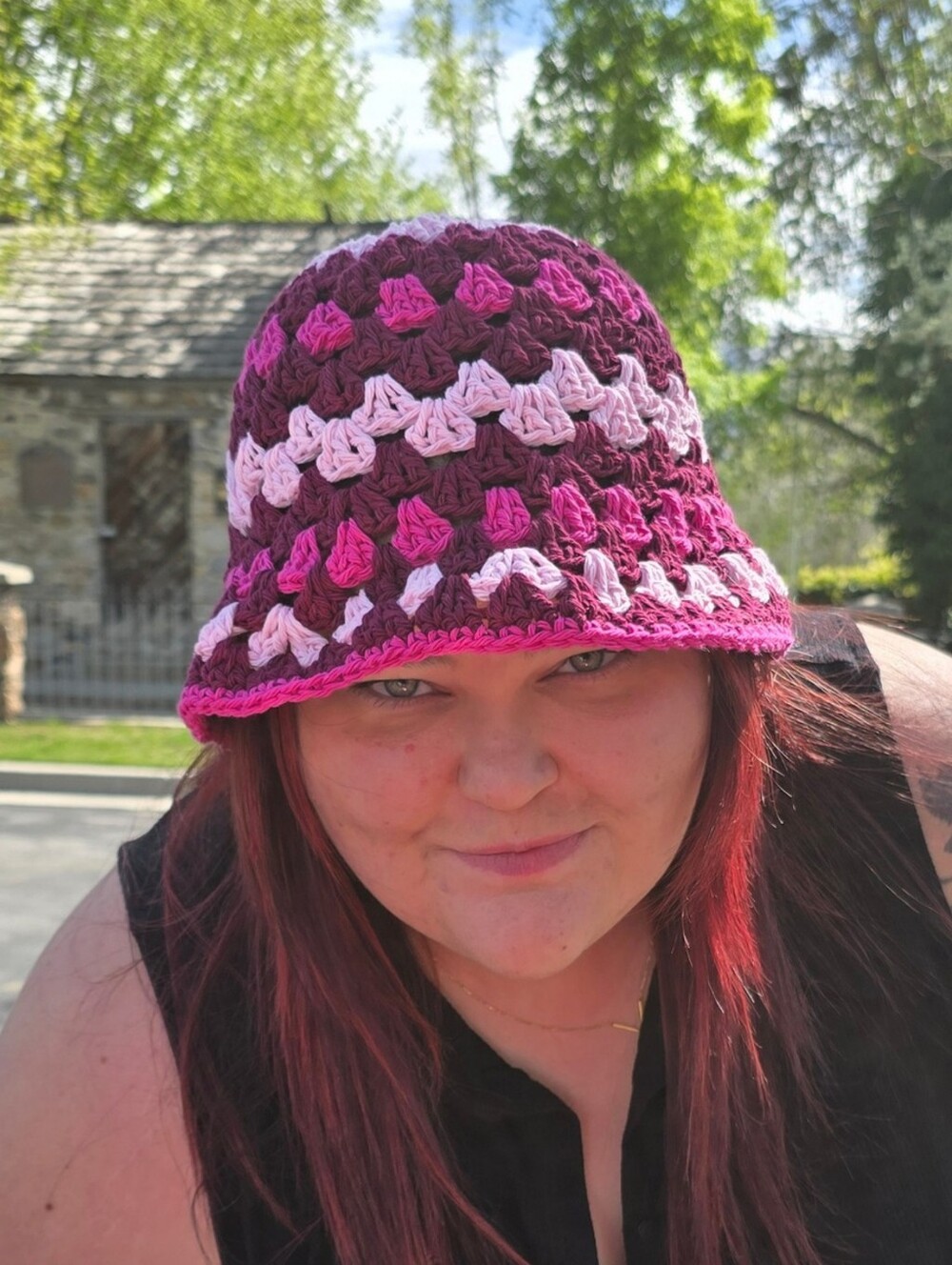Handmade Crochet Bucket Hat - Pink & Burgundy